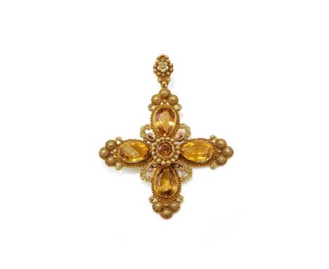 AN EARLY 19TH CENTURY FRENCH CITRINE PENDANT CIRCA 1830 The cross shaped panel with pear shaped citrine arms and circular cut