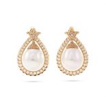A PAIR OF CULTURED PEARL AND DIAMOND EARRINGS