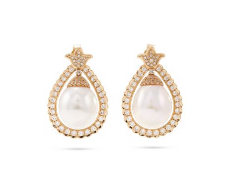 A PAIR OF CULTURED PEARL AND DIAMOND EARRINGS Each cultured pearl drop with pavé set brilliant cut diamond cap, within a bril