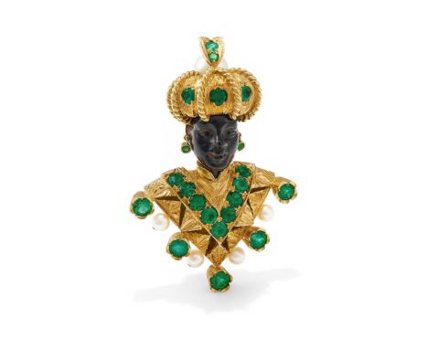Y&nbspNARDI, AN EMERALD, CULTURED PEARL AND TORTOISESHELL 'MORETTO' BROOCH  The polished and carved tortoiseshell face with a