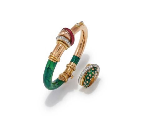 LA NOUVELLE BAGUE, A DIAMOND AND ENAMEL BANGLE AND RING The hinged tri-coloured bangle decorated with marbled green enamel an