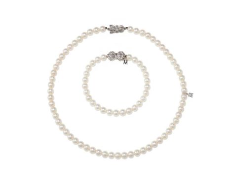 MIKIMOTO, A 'BEST OF THE BEST' CULTURED PEARL NECKLACE AND SIMILAR BRACELET  The necklace composed of a slightly graduated ro