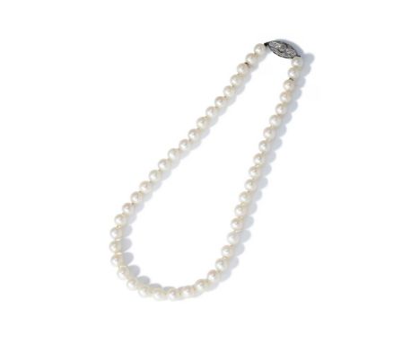 A CULTURED PEARL AND DIAMOND NECKLACE The single strand of 7.50-7.90mm cultured pearls to an early 20th century pierced navet