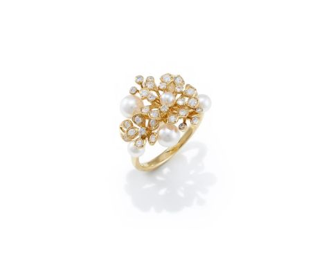 MIKIMOTO, A CULTURED PEARL AND DIAMOND CLUSTER RING The tiered floral spray set with 3.85-6.00mm cultured pearls and brillian