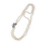 A TWO STRAND CULTURED PEARL AND DIAMOND NECKLACE