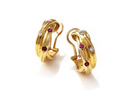 CARTIER, A PAIR OF GEM SET 'TRINITY' EARRINGS  Designed as three interlocking reeded 18ct gold bands, inset with either circu