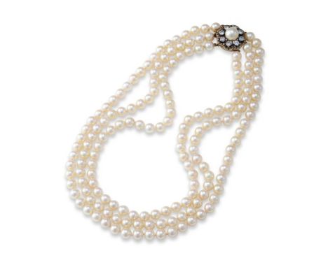 A THREE ROW CULTURED PEARL NECKLACE WITH DIAMOND AND CULTURED PEARL CLUSTER CLASP   The uniform cultured pearls on knotted st