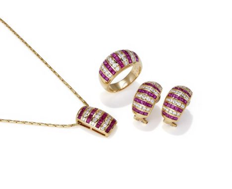 A RUBY AND DIAMOND PENDANT, RING AND EARRING SET  Each curved panel channel set with alternating lines of brilliant cut diamo