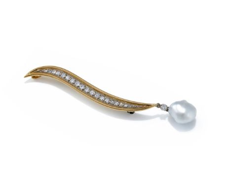 λ&nbspGRIMA, A DIAMOND AND CULTURED PEARL PENDANT  CIRCA 1975 The tapering bi coloured wave set with a graduated row of brill