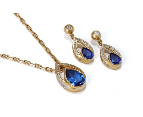 A TANZANITE AND DIAMOND PENDANT NECKLACE AND PAIR OF EARRINGS Each collet set with a pear shaped tanzanite within an openwork