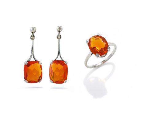 AN EARLY 20TH CENTURY FIRE OPAL RING AND EARRINGS Each cushion shaped fire opal in a four claw mount, with bifurcated surmoun