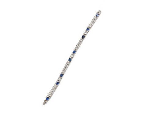 A FRENCH ART DECO SAPPHIRE AND DIAMOND BRACELET CIRCA 1920 Composed of millegrain set square cut sapphire and old European cu