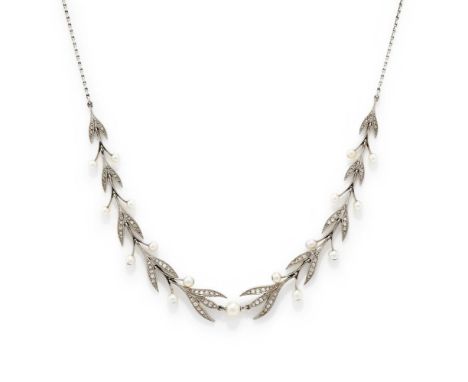 A PEARL AND DIAMOND NECKLACE  Composed of rose cut diamond foliate links alternating with twin 3.2 to 3.6mm pearl buds, centr