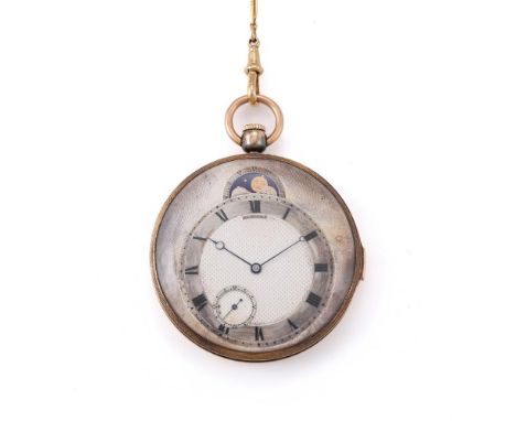 DESOUTTER A GOLD KEYLESS WIND OPEN FACED REPEATER POCKET WATCH WITH MOON PHASE, CIRCA 1840Movement: Lever escapement, bimetal