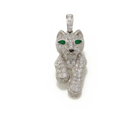 CARTIER, 'PANTHÈRE', A BESPOKE DIAMOND AND GEM SET PENDANT The panther pavé set with brilliant cut diamonds, with pear cut em