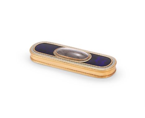 A GEORGE III GOLD AND ENAMEL PATCH BOX CIRCA 1780  The oblong box with rounded ends with engine turned blue enamel ground and