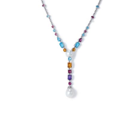 A CULTURED PEARL AND GEM SET PENDANT NECKLACE Suspending a 12.2 x 14.3mm cultured pearl drop with brilliant cut diamond cap, 