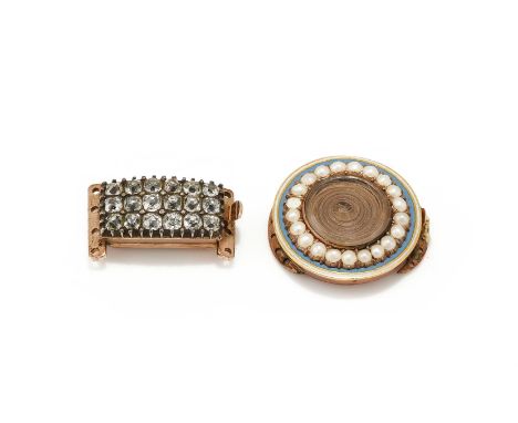 A GEORGIAN DIAMOND CLASP AND A SEED PEARL, ENAMEL AND HAIRWORK CLASP CIRCA 1800  The diamond clasp with three rows of old min