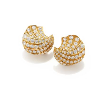 RETAILED BY ASPREY, A PAIR OF DIAMOND EARRINGS LONDON, 1992 Each designed as an 18ct gold fanned swirl set with graduated lin