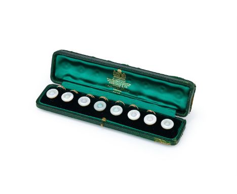 Y&nbspA CASED SET OF EIGHT OPAL AND MOTHER-OF-PEARL DRESS BUTTONS Each dished mother-of-pearl disc centrally set with a caboc