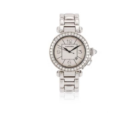CARTIER, PASHA DE CARTIER, REF. 2398  A LADY'S 18 CARAT WHITE GOLD AND DIAMOND BRACELET WATCH WITH DATE, NO. 291188 MG, CIRCA