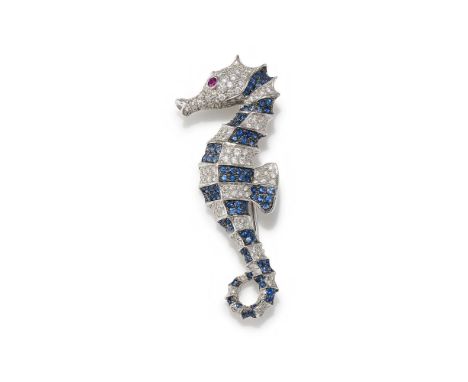 A GEM SET SEAHORSE BROOCH  The seahorse with alternating sections of pavé set brilliant cut diamonds and circular cut sapphir