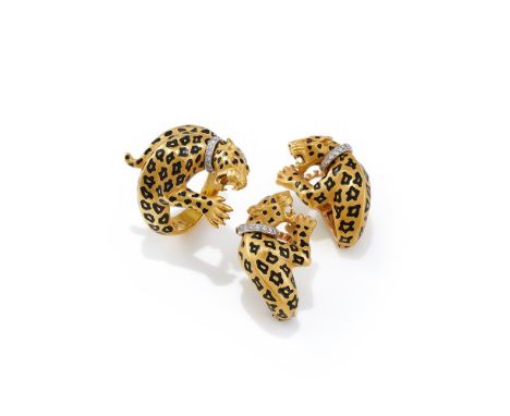 CARRERA Y CARRERA, AN ENAMEL AND GEM SET RING AND EARRING SET Each designed as a leopard with black enamel spots, circular cu