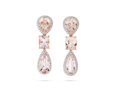 A PAIR OF MORGANITE AND DIAMOND EARRINGS  Each pear cut morganite and brilliant cut diamond cluster suspended from a similarl