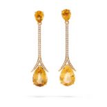 A PAIR OF CITRINE AND DIAMOND PENDENT EARRINGS