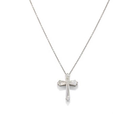 GRAFF, A DIAMOND CROSS PENDANT Set with four kite shaped diamonds, on a fine trace link chain, signed Graff, numbered 6287, s