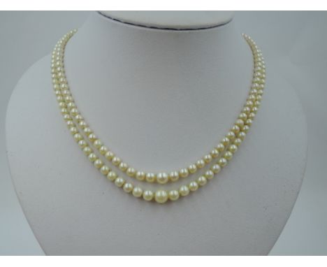A double string of graduated cultured pearls having a pearl and amethyst set 9ct rose gold box clasp,  approx 16'