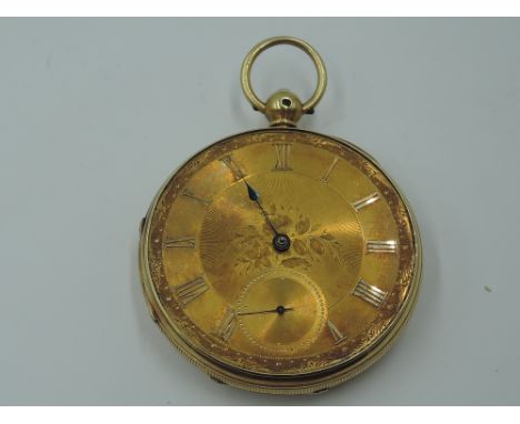 A Victorian key wound 18ct gold pocket watch no:14583 having Roman numeral dial and subsidiary seconds to engraved gold face 