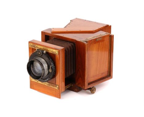 A Bermpohl Tri-Colour Camera,1930, French polished teak, serial no. 603, with Hugo Meyer & Co Gorlitz Doppel Plasmat f/4 22cm