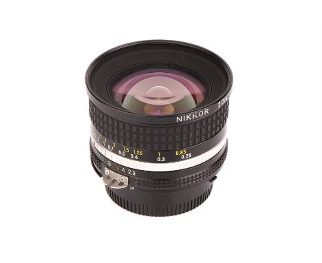 A Nikon Nikkor Ais f/2.8 20mm Lens,black, serial no. 14388, body, VG, elements, VG-E, some very light inernal haze, with make