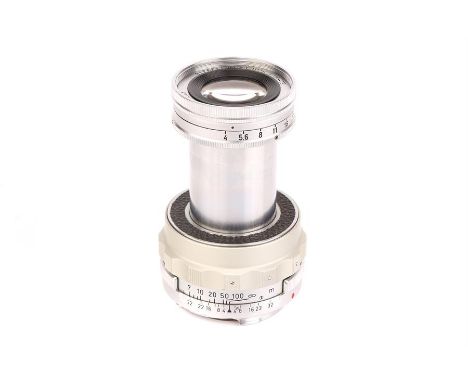 A Leitz Elmar f/4 90mm Lens,1954, chrome, serial no. 1139316, body, VG-E, elements, G-VG, some light internal haze and very l