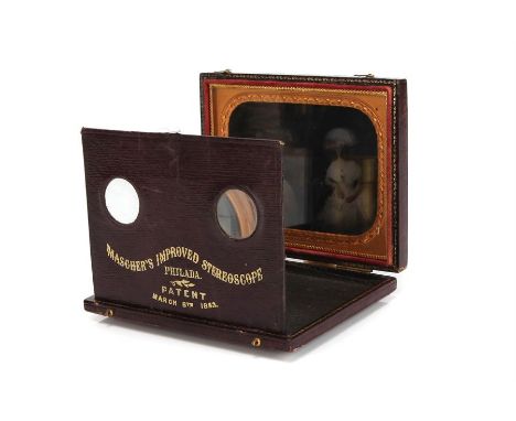 Mascher's Improved Stereoscope Ambrotype Photographic Portrait,C. 1860, American, gilt tooled and embossed red leather hinged