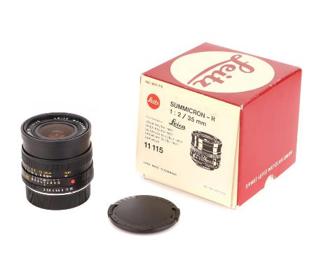 A Leitz Summicron-R f/2 35mm Lens,1982, black, serial no. 3247786, body, E, elements, E, light traces of dust, with caps, in 