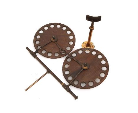 A Davidson Type Double Optometer & Optician's Chinrest,optometer with wooden circles mounted on adjustable brass stand, brass