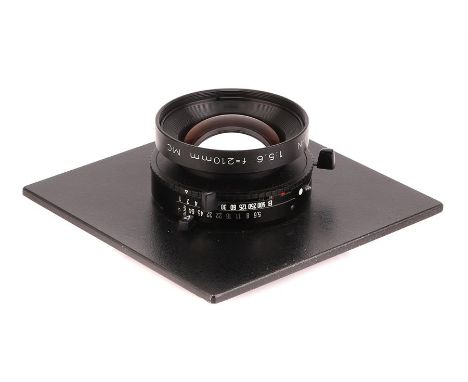 A Rodenstock Sironar-N f/5.6 210mm MC Lens,black, serial no. 10497076, body, VG, shutter working, slowest speed sticking, sev