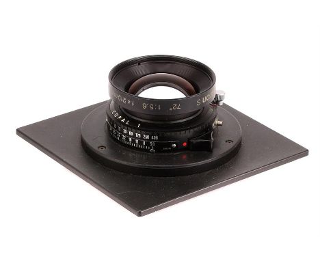 A Sinar Sinaron S MC f/5.6 210mm Lens,black, serial no. 10923532, body, VG, shutter working, elements, VG-E, in Sinar board