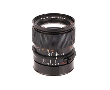 A Carl Zeiss Sonnar T* f/2.8 150mm Lens,F, black, serial no. 5883182, body, E, elements, VG-E, some very light internal haze,