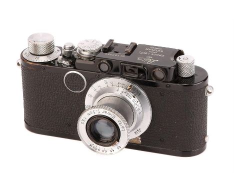 A Leica IIf Rangefinder Camera,1933, upgraded from II, black, serial no. 107865, with Leitz Elmar f/3.5 50mm lens, chrome, se