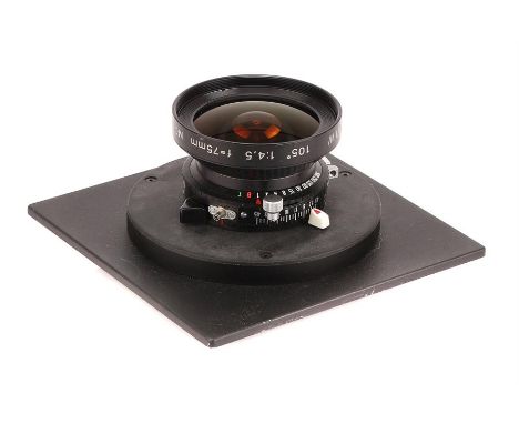 A Sinar Sinaron W MC f/4.5 75mm Lens,black, serial no. 10981312, body, VG, shutter working, elements, VG-E, on Sinar board