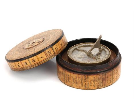 An English Compass Sundial Calendar Compendium,in the form of a complex perpetual calendar box, with two volvelles and revolv