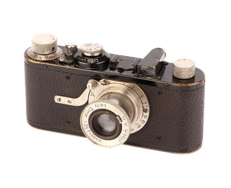 A Leica Model Ia Camera,1928, black, serial no. 10209, with Leitz Elmar f/3.5 50mm lens, nickel, body, G, shutter sticking, l