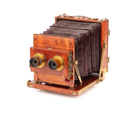 A Thornton Pickard Stereo Half Plate Mahogany Field Camera,with W. J. Chadwick f/11 5" rotary Waterhouse stop brass lenses, s