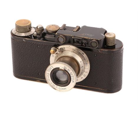 A Leica II Rangefinder Camera,1932, black, serial no. 78708, with Leitz Elmar f/3.5 50mm lens, nickel, body, G, shutter worki