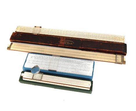 Four Slide Rules,large slide rule by Stanley in mahogany and celluloid, for calculation of compound interest, annuities and f