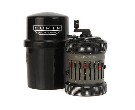 A Curta Calculator Model 2,in black and grey, serial no. 519463, in black plastic case