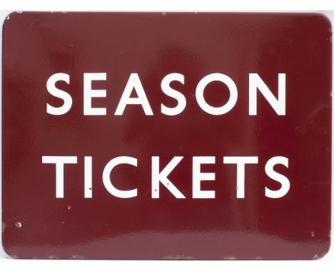 BR(M) FF enamel station sign SEASON TICKETS. In very good condition with some small face and edge chips. Measures 24in x 18in
